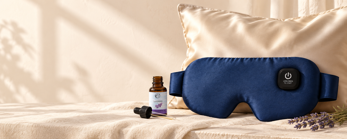 Zunada navy heated silk eye mask, lavender oil and satin pillow cover