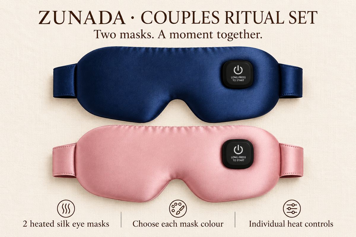 Couples Ritual Set — pink and navy heated silk eye masks