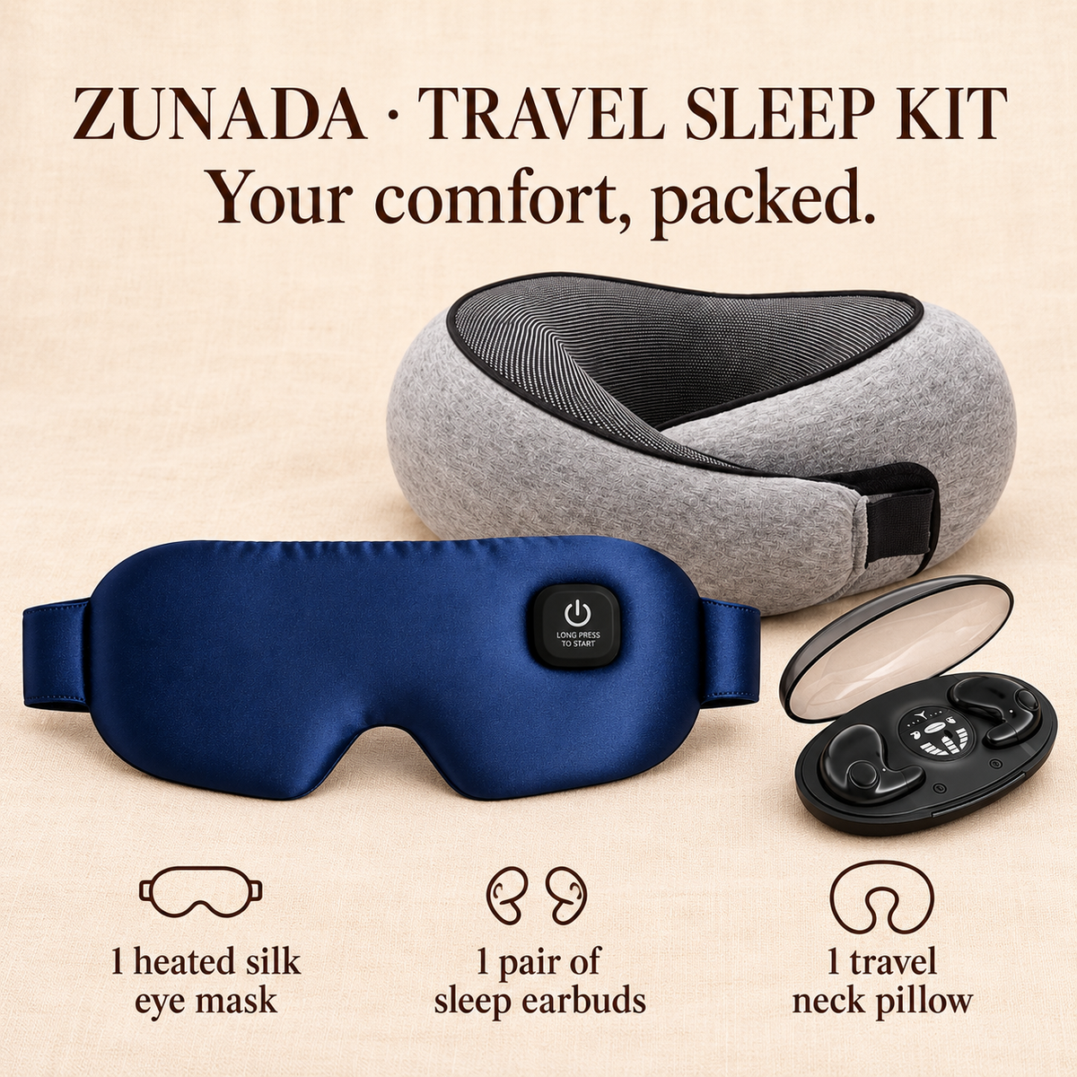 Travel Sleep Kit — eye mask, earbuds and neck pillow